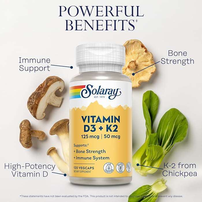 SOLARAY Vitamin D3 K2 - Bone Health and Immune Support Supplement - With 5000 IU Vitamin D as Vit D3 and 50 mcg Vitamin K2 as Menoquinone MK7, Made Without Soy, 60-Day Guarantee, 120 Serv, 120 VegCaps - Image 3