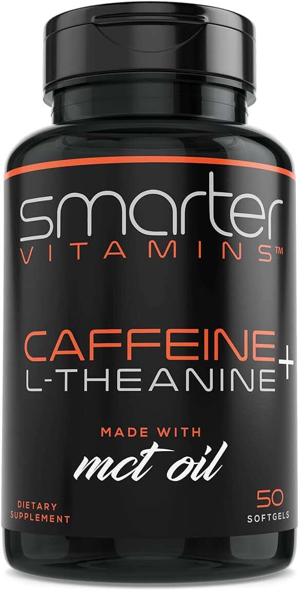 SmarterVitamins 200mg Caffeine Pills - MCT Oil from 100% Coconuts + 100mg L-Theanine, Energy and Focus, Extended Release Capsule, 50 Liquid Softgels - Image 1