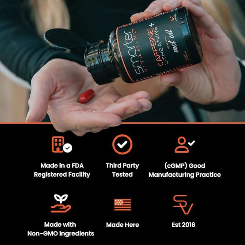 SmarterVitamins 200mg Caffeine Pills - MCT Oil from 100% Coconuts + 100mg L-Theanine, Energy and Focus, Extended Release Capsule, 50 Liquid Softgels - Image 4
