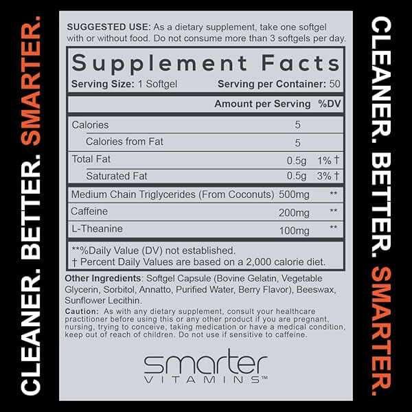SmarterVitamins 200mg Caffeine Pills - MCT Oil from 100% Coconuts + 100mg L-Theanine, Energy and Focus, Extended Release Capsule, 50 Liquid Softgels - Image 6