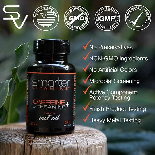 SmarterVitamins 200mg Caffeine Pills - MCT Oil from 100% Coconuts + 100mg L-Theanine, Energy and Focus, Extended Release Capsule, 50 Liquid Softgels - Image 7