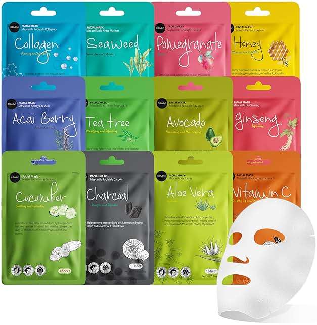 Celavi Essence Facial Sheet Face Mask Variety Set Classic Authentic Korean Moisturizing Skincare (12-Packs) - Image 1