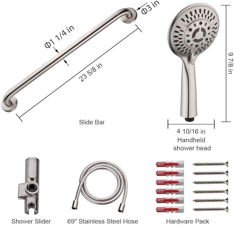BRIGHT SHOWERS Slide Bar Shower Set with Handheld Shower Head, ADA-Compliant Stainless Steel Grab Bar, Adjustable Height and 69-Inch Hose, Brushed Nickel - Image 2