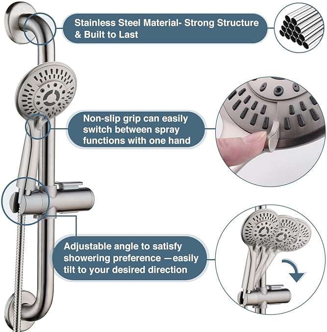 BRIGHT SHOWERS Slide Bar Shower Set with Handheld Shower Head, ADA-Compliant Stainless Steel Grab Bar, Adjustable Height and 69-Inch Hose, Brushed Nickel - Image 3