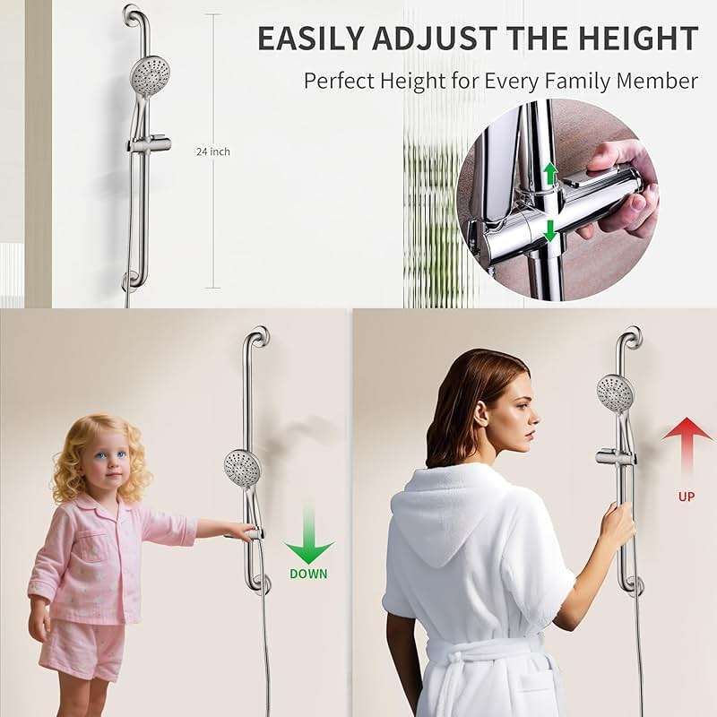 BRIGHT SHOWERS Slide Bar Shower Set with Handheld Shower Head, ADA-Compliant Stainless Steel Grab Bar, Adjustable Height and 69-Inch Hose, Brushed Nickel - Image 4