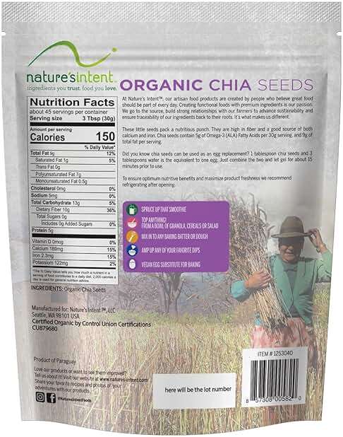Nature's Intent Organic Chia Seeds - 3lb Bag - USDA Organic, Non-GMO, Vegan, Gluten-Free, Kosher, Keto & Paleo - Good Source of Calcium, Omega 3 and Iron - for Salads, Yogurt & Smoothies - Image 2