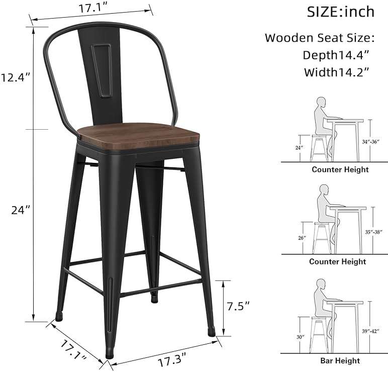 Yongqiang Barstools Set of 4 Counter Height Bar Stools for Kitchen Island Farmhouse Metal High Back Bar Chairs Wooden Seat 24" Matte Black - Image 2