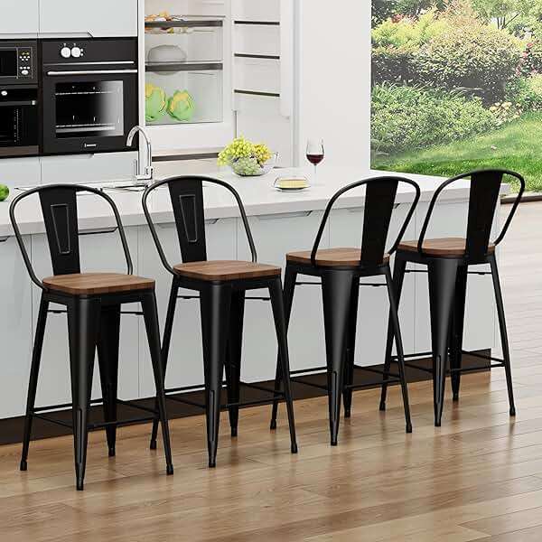 Yongqiang Barstools Set of 4 Counter Height Bar Stools for Kitchen Island Farmhouse Metal High Back Bar Chairs Wooden Seat 24" Matte Black - Image 3