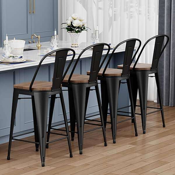 Yongqiang Barstools Set of 4 Counter Height Bar Stools for Kitchen Island Farmhouse Metal High Back Bar Chairs Wooden Seat 24" Matte Black - Image 4