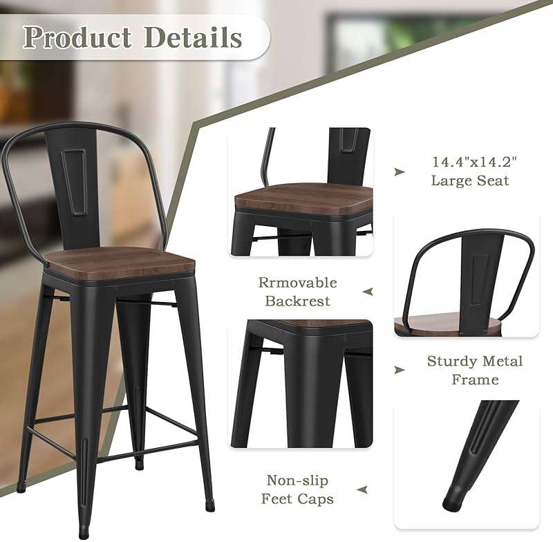 Yongqiang Barstools Set of 4 Counter Height Bar Stools for Kitchen Island Farmhouse Metal High Back Bar Chairs Wooden Seat 24" Matte Black - Image 6