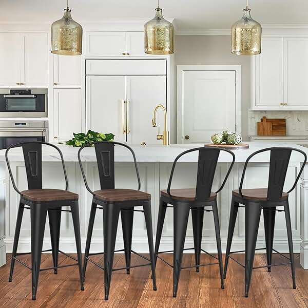Yongqiang Barstools Set of 4 Counter Height Bar Stools for Kitchen Island Farmhouse Metal High Back Bar Chairs Wooden Seat 24" Matte Black - Image 7