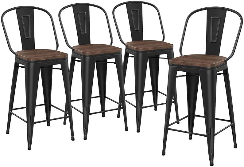 Yongqiang Barstools Set of 4 Counter Height Bar Stools for Kitchen Island Farmhouse Metal High Back Bar Chairs Wooden Seat 24" Matte Black - Image 8