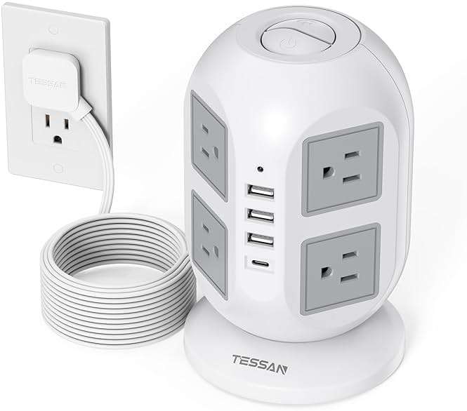 TESSAN Tower Power Strip 10 ft, Long Flat Extension Cord with Multiple Outlets, 8 AC Outlets with 4 USB Ports (1 USB C), Charging Station with, for Home Office Dorm - Image 1