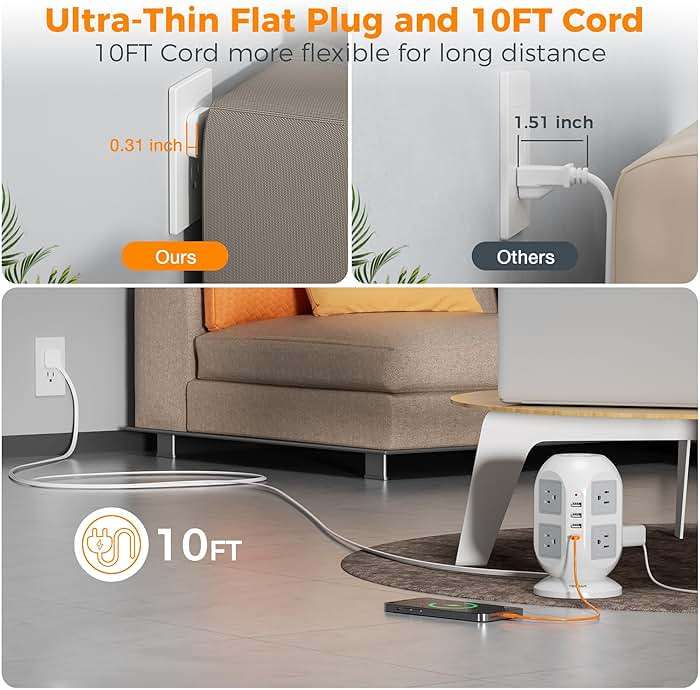 TESSAN Tower Power Strip 10 ft, Long Flat Extension Cord with Multiple Outlets, 8 AC Outlets with 4 USB Ports (1 USB C), Charging Station with, for Home Office Dorm - Image 2