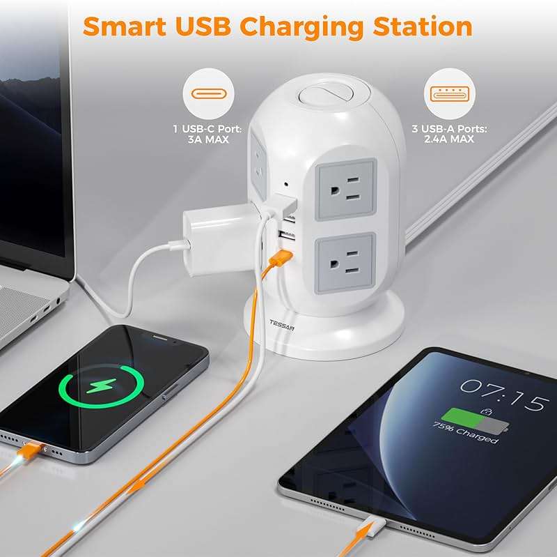 TESSAN Tower Power Strip 10 ft, Long Flat Extension Cord with Multiple Outlets, 8 AC Outlets with 4 USB Ports (1 USB C), Charging Station with, for Home Office Dorm - Image 3