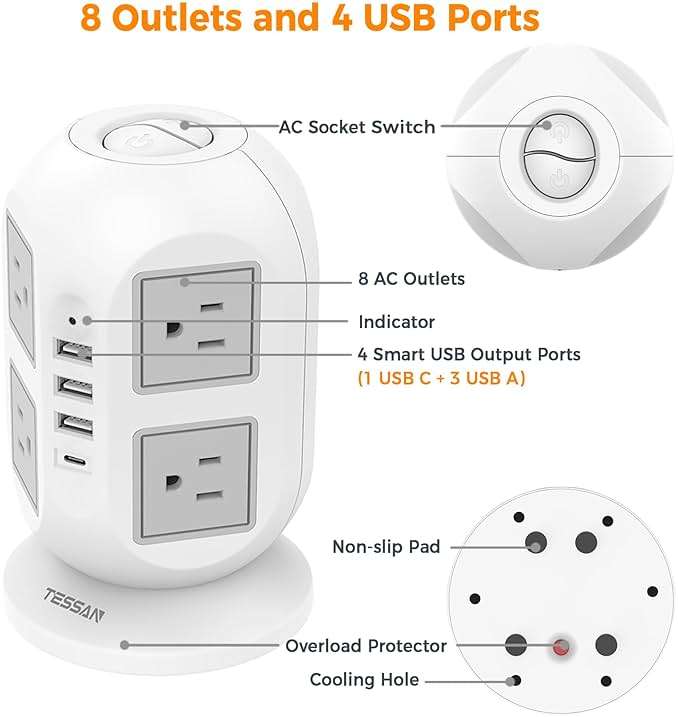 TESSAN Tower Power Strip 10 ft, Long Flat Extension Cord with Multiple Outlets, 8 AC Outlets with 4 USB Ports (1 USB C), Charging Station with, for Home Office Dorm - Image 5