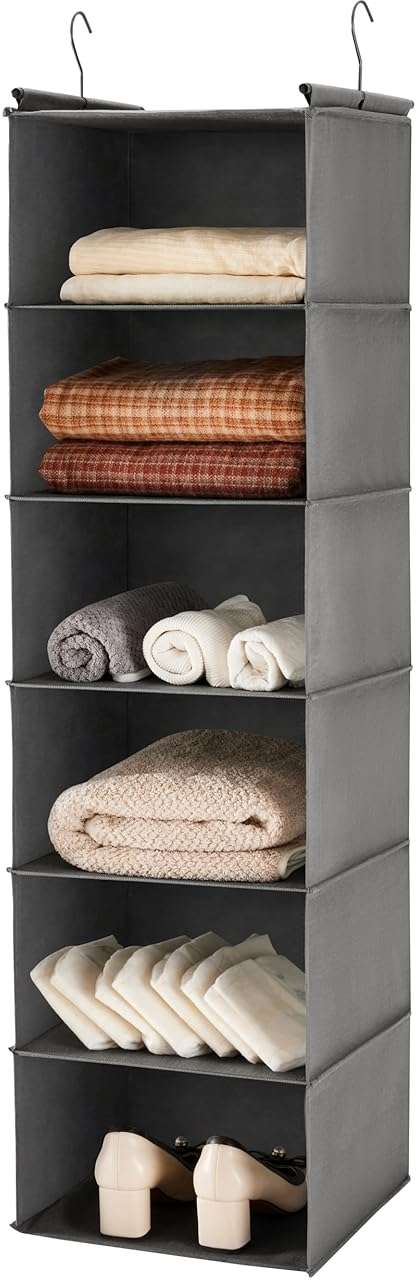MAX Houser 6 Tier Shelf Hanging Closet Organizer, Closet Hanging Shelf with 2 Sturdy Hooks for Storage, Foldable (Grey) - Image 1