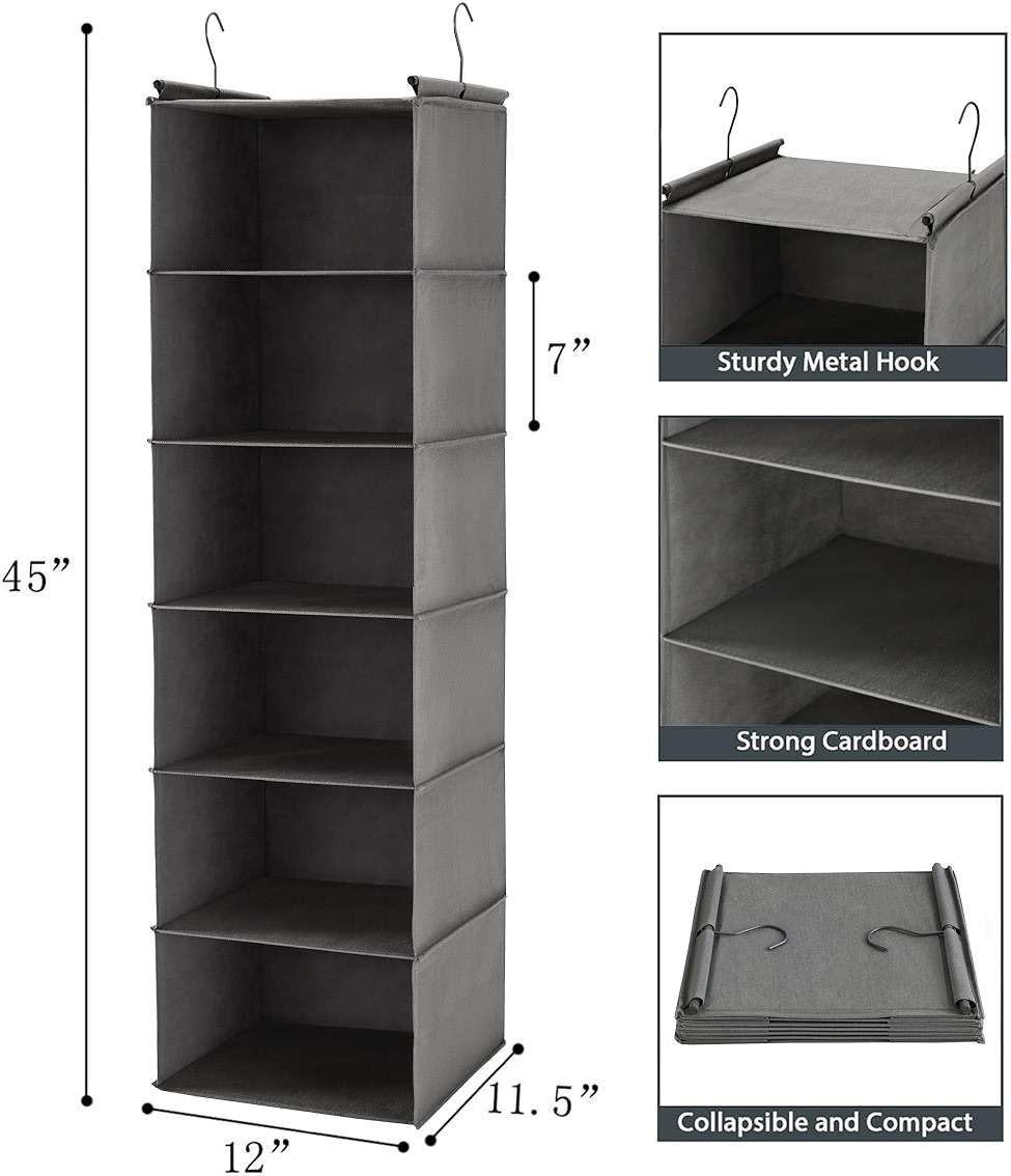 MAX Houser 6 Tier Shelf Hanging Closet Organizer, Closet Hanging Shelf with 2 Sturdy Hooks for Storage, Foldable (Grey) - Image 3