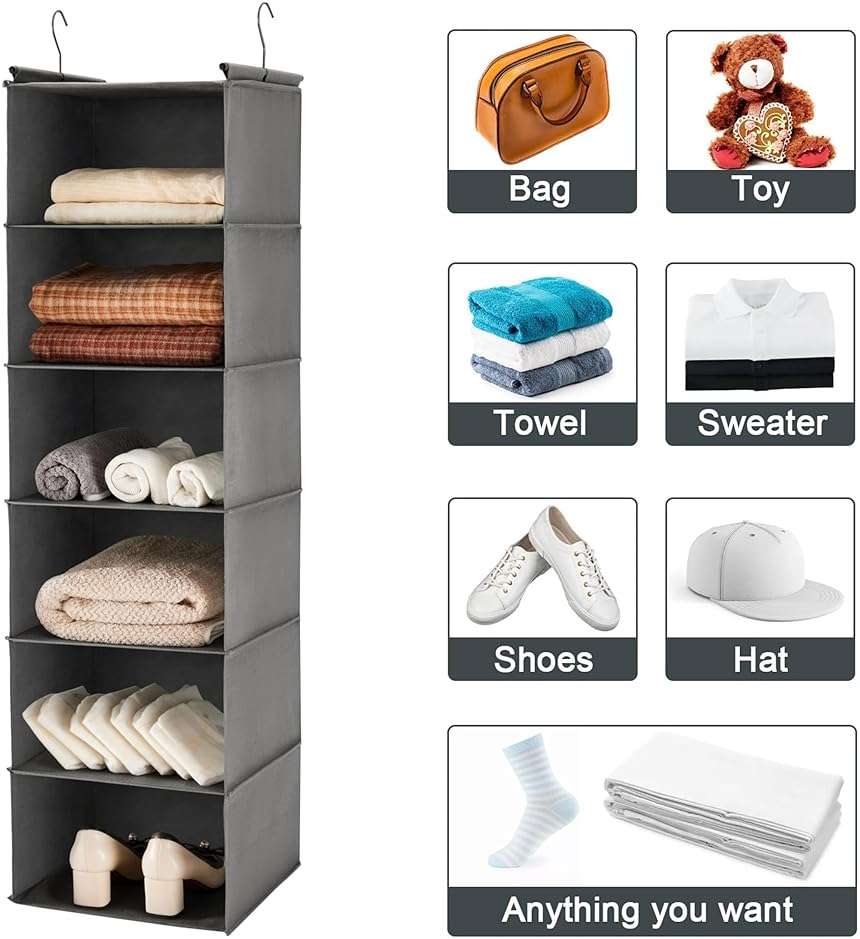 MAX Houser 6 Tier Shelf Hanging Closet Organizer, Closet Hanging Shelf with 2 Sturdy Hooks for Storage, Foldable (Grey) - Image 8