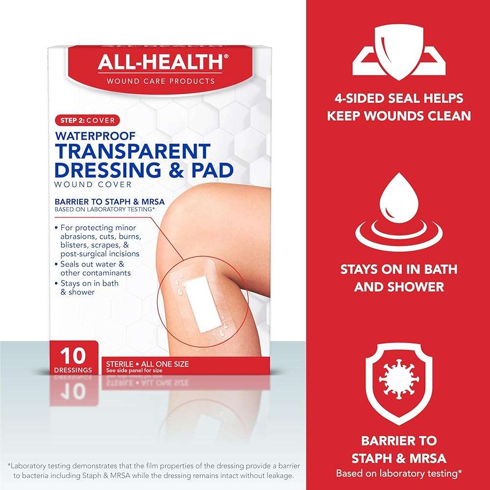 All Health Waterproof Transparent Dressing & Pad, Dressings, 2.375 in X 4 in | Wound Cover Barrier to Staph & MRSA, 10 Count - Image 3