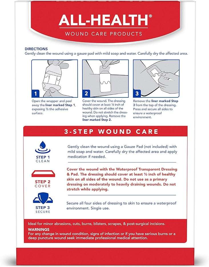 All Health Waterproof Transparent Dressing & Pad, Dressings, 2.375 in X 4 in | Wound Cover Barrier to Staph & MRSA, 10 Count - Image 8