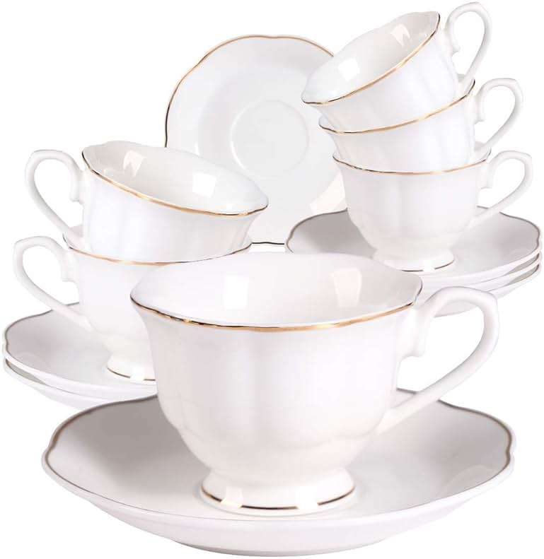 Guangyang 12 pieces Fine Porcelain 2.5oz Cups and Saucers set of 6 Turkish Coffee Cup set for Double Espresso White Color with Gold Trim - Image 1