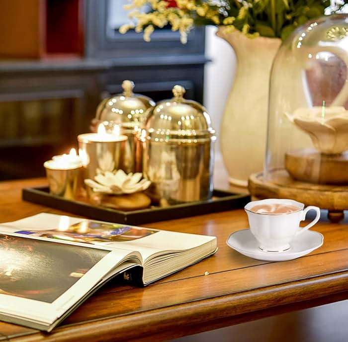 Guangyang 12 pieces Fine Porcelain 2.5oz Cups and Saucers set of 6 Turkish Coffee Cup set for Double Espresso White Color with Gold Trim - Image 2