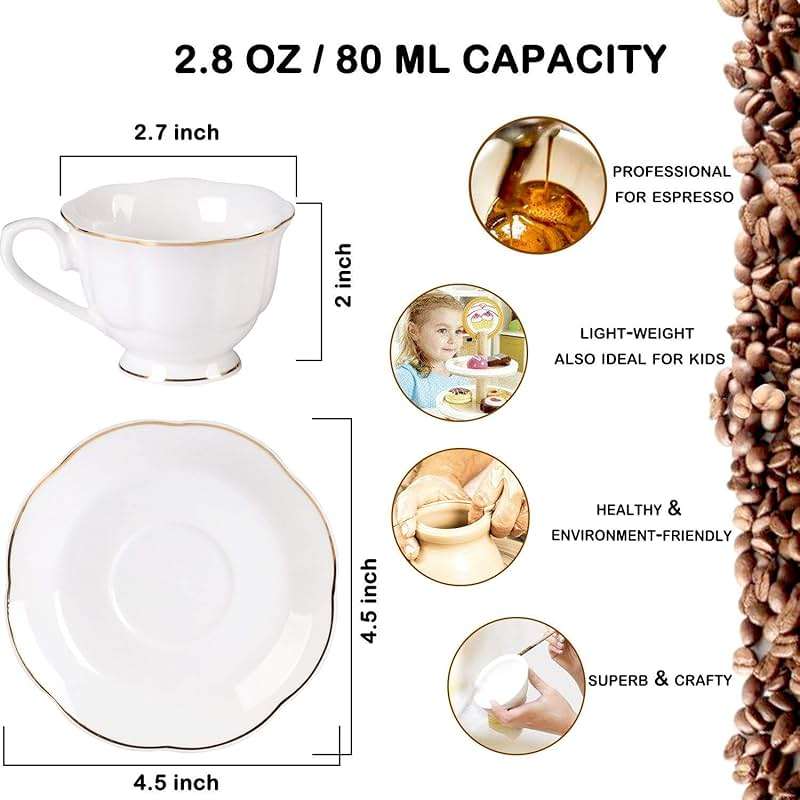 Guangyang 12 pieces Fine Porcelain 2.5oz Cups and Saucers set of 6 Turkish Coffee Cup set for Double Espresso White Color with Gold Trim - Image 3