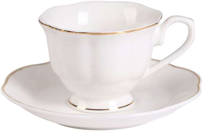 Guangyang 12 pieces Fine Porcelain 2.5oz Cups and Saucers set of 6 Turkish Coffee Cup set for Double Espresso White Color with Gold Trim - Image 6
