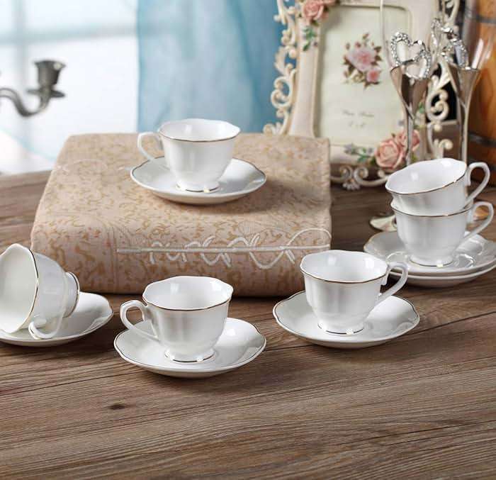 Guangyang 12 pieces Fine Porcelain 2.5oz Cups and Saucers set of 6 Turkish Coffee Cup set for Double Espresso White Color with Gold Trim - Image 7