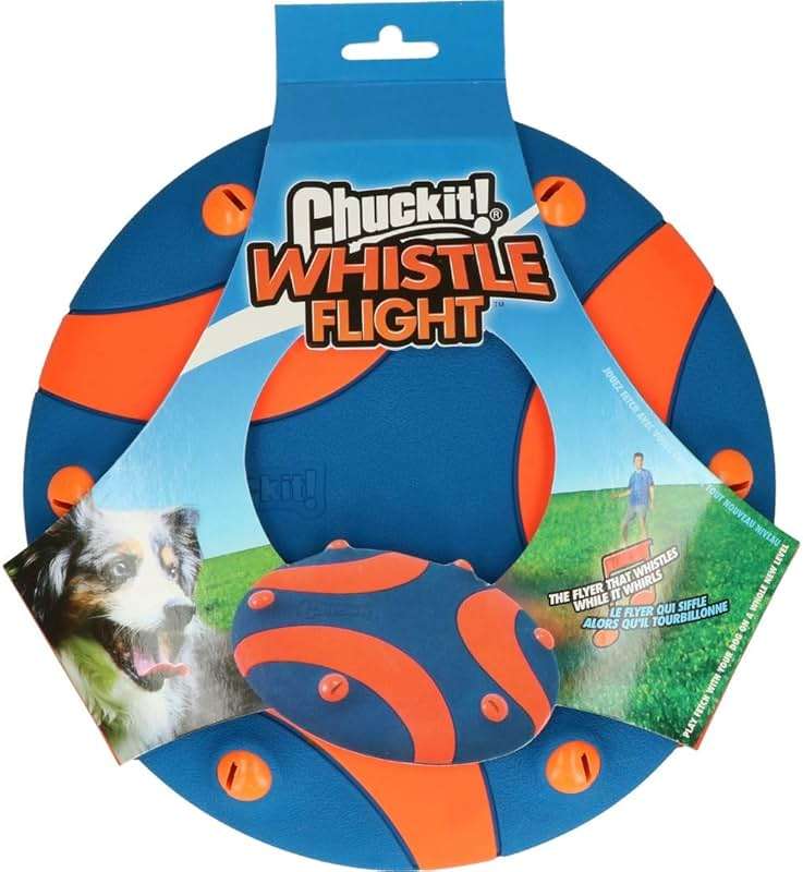 Chuckit! Whistle Flight Outdoor Dog Fetch Toy, Orange/Blue, 10.6" x 1.2" x 11.1", For Medium to Large Dogs - Image 1
