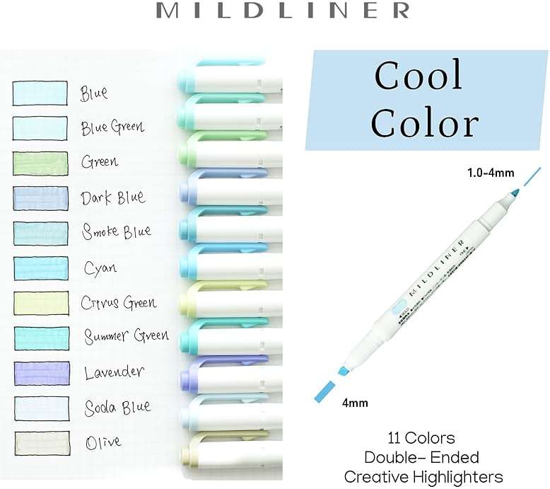 ZEBRA MILDLINER Double-Ended Creative Highlighter Cool Color (Blue, Blue Green, Green, Dark Blue, Smoke Blue, Cyan, Citrus Green, Summer Green, Lavender, Soda Blue, Olive) / qullity Blue pouch - Image 3