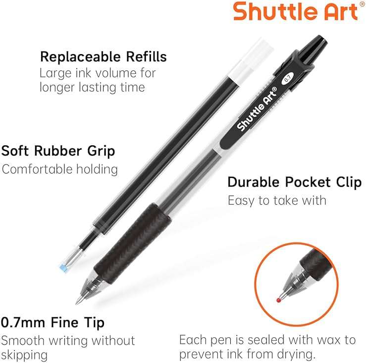 Shuttle Art Black Gel Pens, 48 Pack(20 Pens with 28 Refills) Retractable Medium Point Rollerball Gel Ink Pens Smooth Writing with Comfortable Grip for Office School Home Work - Image 3