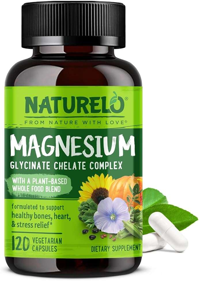 NATURELO Magnesium Glycinate Chelate Complex - 200 mg Magnesium with Organic Vegetables to Support Sleep, Calm, Muscle Cramp & Stress Relief - Gluten Free, Non GMO - 120 Capsules - Image 1