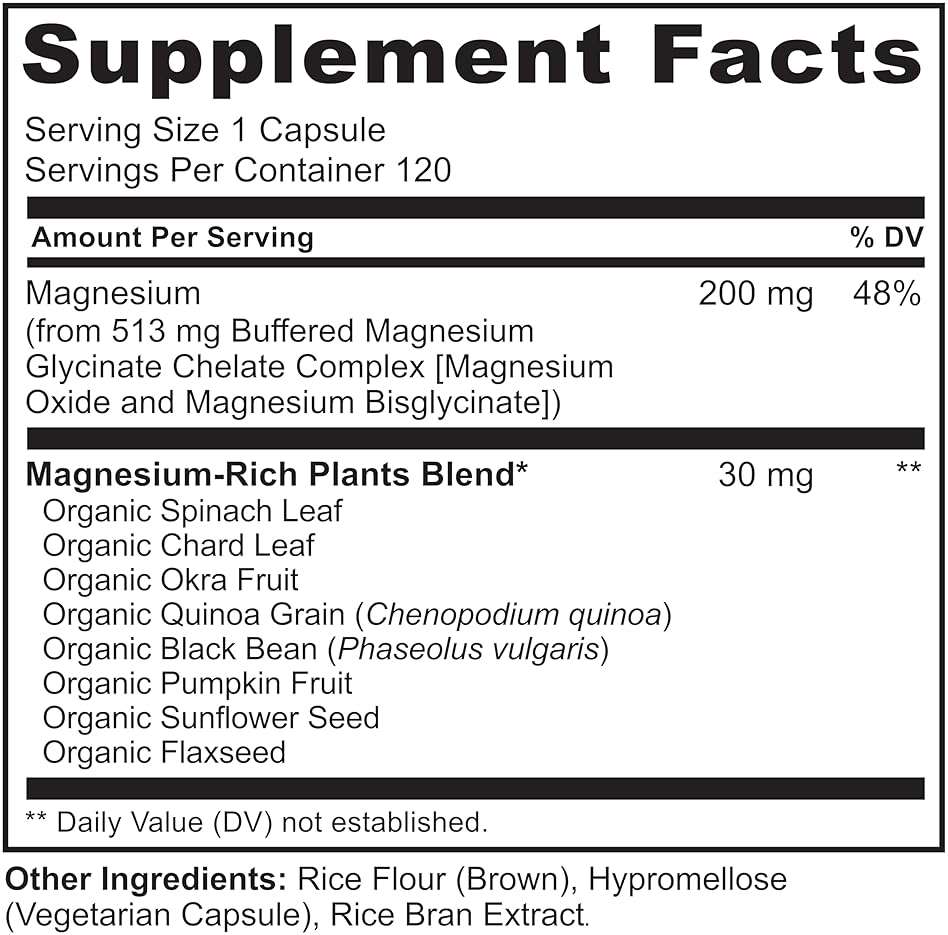 NATURELO Magnesium Glycinate Chelate Complex - 200 mg Magnesium with Organic Vegetables to Support Sleep, Calm, Muscle Cramp & Stress Relief - Gluten Free, Non GMO - 120 Capsules - Image 2