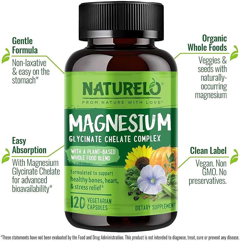 NATURELO Magnesium Glycinate Chelate Complex - 200 mg Magnesium with Organic Vegetables to Support Sleep, Calm, Muscle Cramp & Stress Relief - Gluten Free, Non GMO - 120 Capsules - Image 3