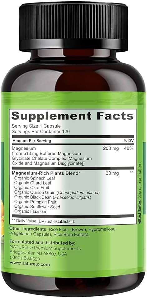 NATURELO Magnesium Glycinate Chelate Complex - 200 mg Magnesium with Organic Vegetables to Support Sleep, Calm, Muscle Cramp & Stress Relief - Gluten Free, Non GMO - 120 Capsules - Image 6