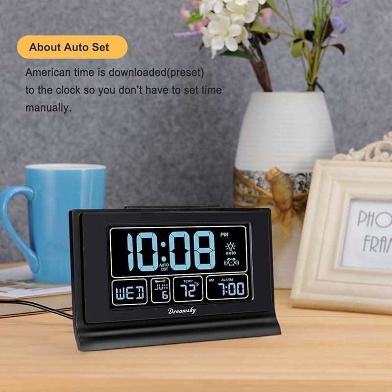 DreamSky Alarm Clocks for Bedrooms with Battery Backup, Auto Set Digital Clock with Date and Day of Week, Temperature, USB Port, Auto DST, Dimmer, 12/24H - Image 4