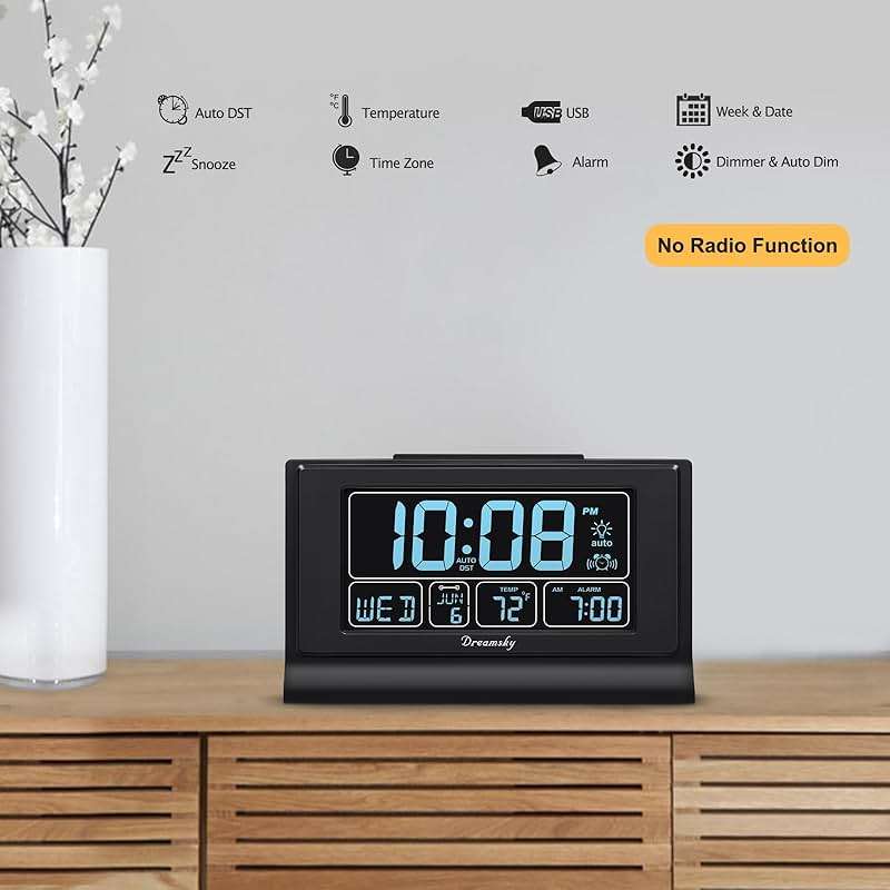 DreamSky Alarm Clocks for Bedrooms with Battery Backup, Auto Set Digital Clock with Date and Day of Week, Temperature, USB Port, Auto DST, Dimmer, 12/24H - Image 5