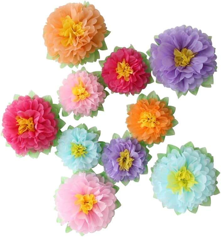 Mybbshower Colorful Fiesta Paper Flowers (9''-7'' Assorted) Set of 10 Outdoor Decoration Kids Birthday Carnival Rainbow Theme Party Backdrop Photo Booth Wall Decor - Image 1
