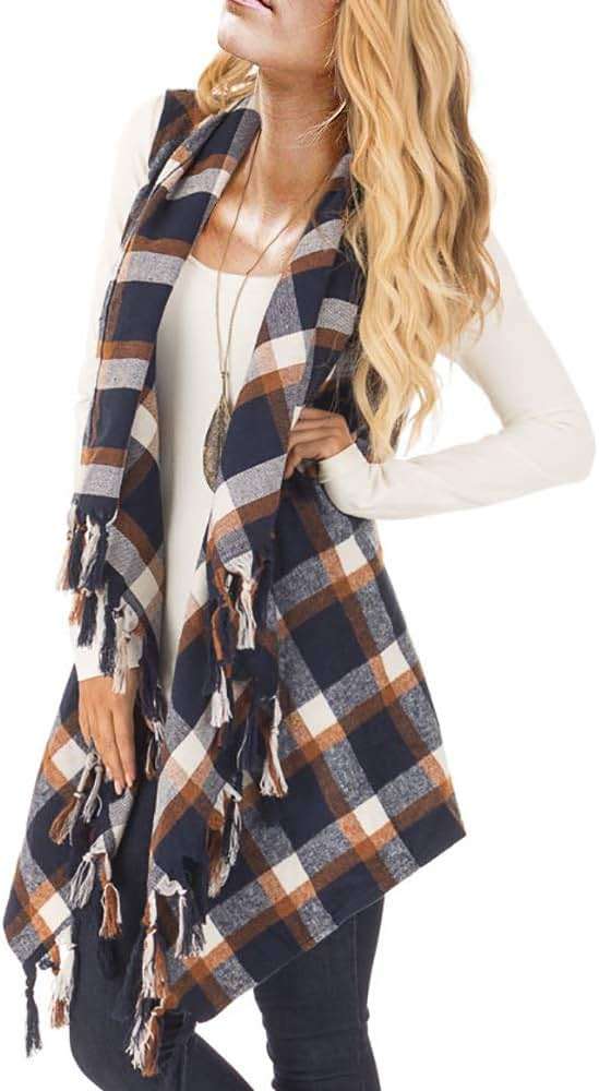 Inorin Womens Sleeveless Plaid Asymmetrical Hem Tassel Drape Open Front Cardigan Vest - Image 1