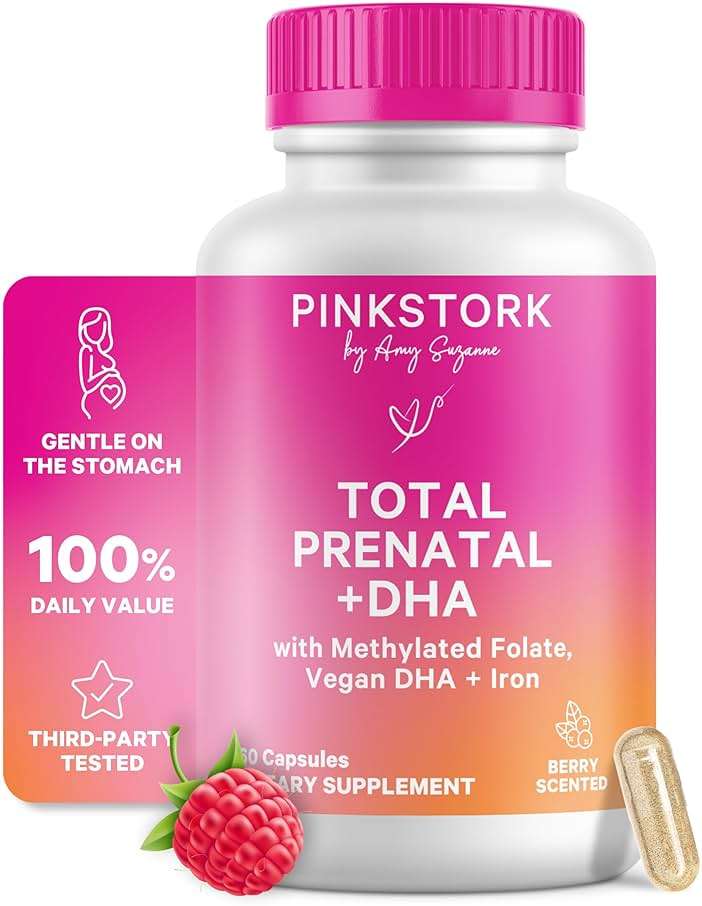 Pink Stork Total Prenatal Vitamins | Vegan DHA, Methylfolate, Iron, Choline, Vitamin B12 | No Fishy Burps | Support Fetal Development | Pregnancy Essentials | Clean Label Award | 60 Capsules, Berry - Image 1