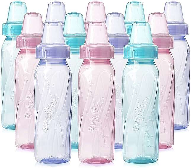 Evenflo Feeding Classic Tinted Plastic Standard Neck Bottles for Baby, Infant and Newborn, Pink/Lavender/Teal, 8 Oz, 12 Bottles - Image 1