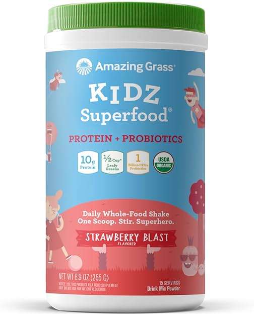 Amazing Grass Kidz Superfood: Vegan Protein & Probiotics for Kids with Beet Root Powder & 1/2 Cup of Leafy Greens, Strawberry Blast, 15 Servings - Image 1