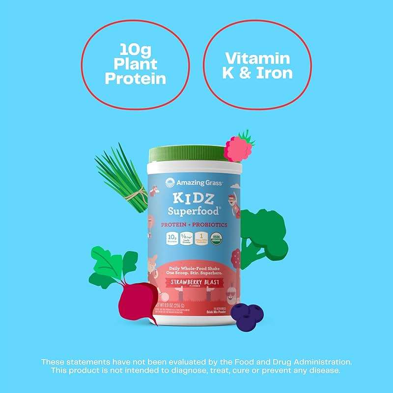 Amazing Grass Kidz Superfood: Vegan Protein & Probiotics for Kids with Beet Root Powder & 1/2 Cup of Leafy Greens, Strawberry Blast, 15 Servings - Image 3