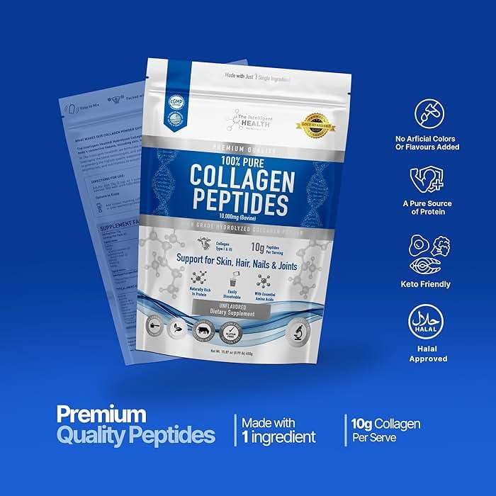 The Intelligent Health Collagen Peptides Powder, 45 Servings, Hydrolyzed Collagen, Type I & III, Grass Fed, Unflavored, Gluten Free, Keto/Paleo, 10g Servings, 15.9 Oz, Skin Support, Hair, Nail, Joints - Image 8
