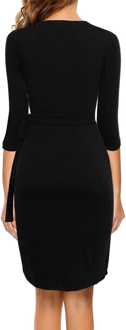 Berydress Women's Classic 3/4 Sleeve V Neck Sheath Casual Party Work Faux Black Wrap Dress - Image 2