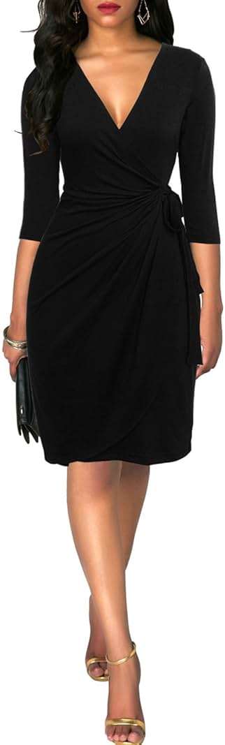 Berydress Women's Classic 3/4 Sleeve V Neck Sheath Casual Party Work Faux Black Wrap Dress - Image 3