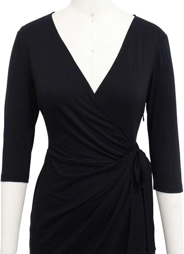 Berydress Women's Classic 3/4 Sleeve V Neck Sheath Casual Party Work Faux Black Wrap Dress - Image 4