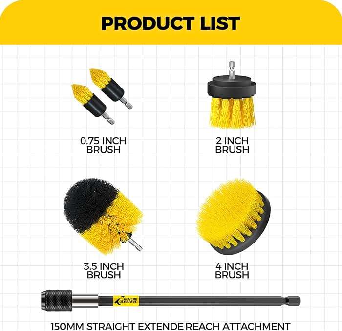 Holikme 6Pack Drill Brush Power Scrubber Cleaning Brush Extended Long Attachment Set All Purpose Drill Scrub Brushes Kit for Grout, Floor, Tub, Bathroom and Kitchen Surface,Scratch Brushes(Yellow) - Image 7